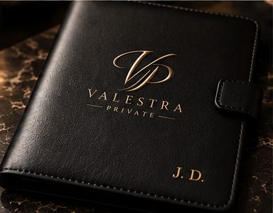 A black leather travel folio embossed with the Valestra Private monogram and personal initials